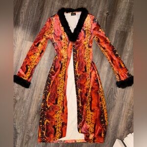 Vibrant Snake Print Long velvet Coat with Black fluff Trim